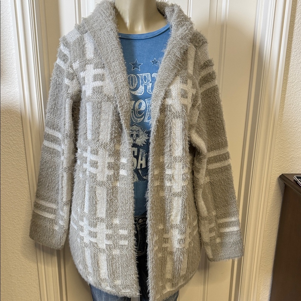 Cozy Gray & White Hooded Cardigan Sweater with Pockets, Lagenlook, cottagecore,